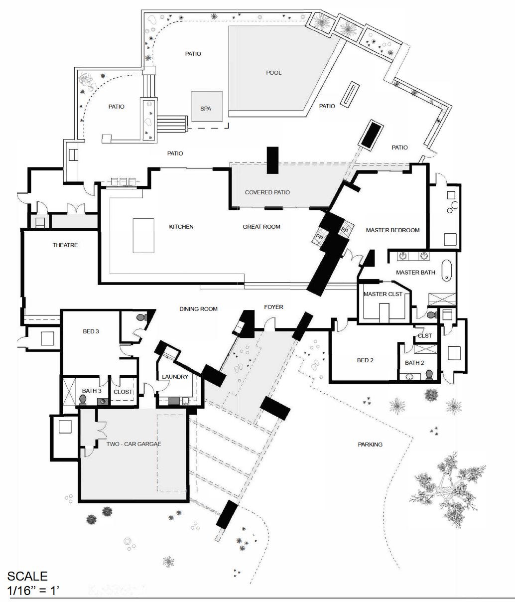 Floor plan — 10381 E Loving Tree Lane, single level with primary suite, two guest bedrooms, theater, great room, kitchen, dining, two-car garage, pool, spa